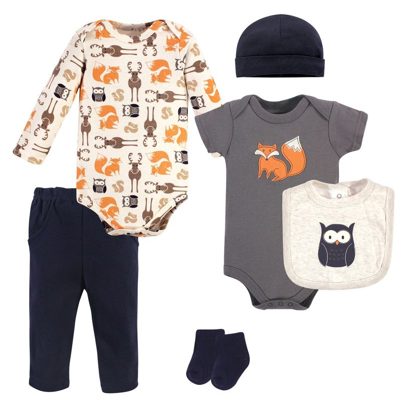 Hudson Baby Infant Boy Cotton Layette Set, Orange Fox, 1 of 4