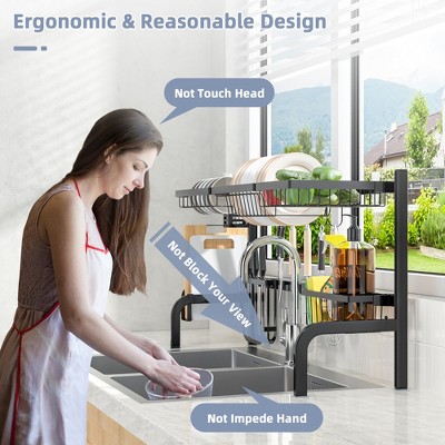 Costway Over Sink Dish Drying Rack 2 Tier Adjustable (21''-39'') Length w/ 8 Hooks