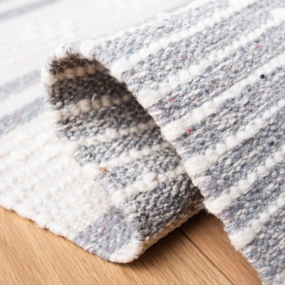 Ivory and Silver Striped Flat Woven Wool Cotton Area Rug