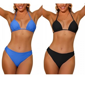 INSPIRE CHIC Women's Halter Solid Ruched Self-Tie Back Swimwear with Bottoms Bikini Combination Sets - 1 of 4