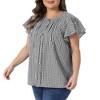 Women's Plus Size 1950s Vintage Gingham Crew Neck Ruffle Sleeve Button Down Back Pleated Casual Plaid Tops - Agnes Orinda - 2 of 4