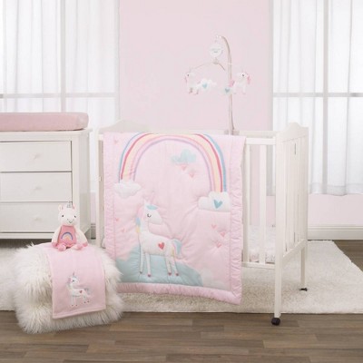 Little Love By NoJo Rainbow Unicorn Mini Crib Bedding Set - Pink/Aqua/Yellow 3pc