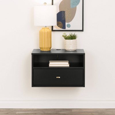 Set of 2 Black Floating Nightstands with Brass Handles