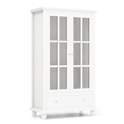 White Adjustable Wood Bookcase Cabinet with Glass Doors