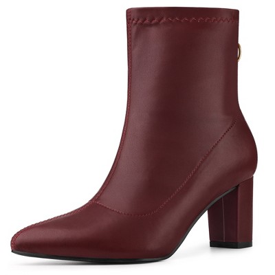 Allegra K Women's Pointy Toe Back Zip Block Heel Ankle Boots Burgundy 8