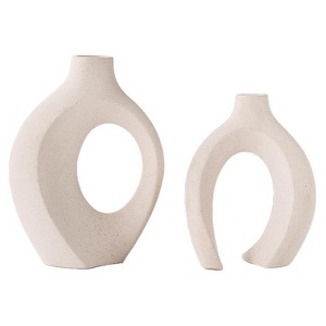 Itopfox Set of 2 Off White Ceramic Vases Modern Hollow Design 8 in and 7 in Tall Matte Texture for Living Room Bedroom Table Decor - 1 of 4