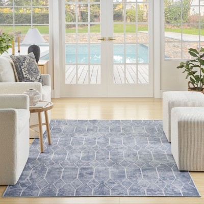 Blue Geometric Cotton Chenille 6' x 9' Washable Rug