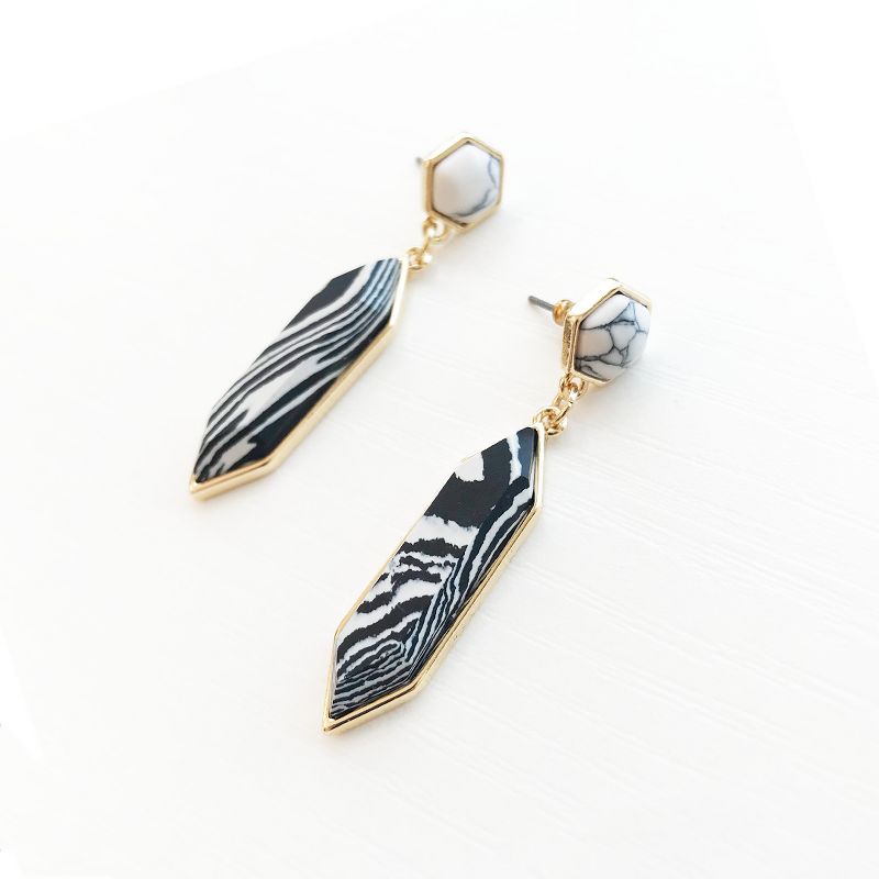 Sanctuary Project by sanctuaire Semi Precious Black and White Howlite Drop Statement Earrings Gold, 3 of 5