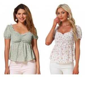 INSPIRE CHIC Women's Short Sleeve Floral Sweetheart Neck Shirred Ruffle Peasant Top 2 Packs - 1 of 4