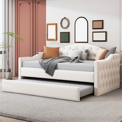 Twin Size Tufted Upholstered Daybed With Trundle, Usb, Type-c Charging ...