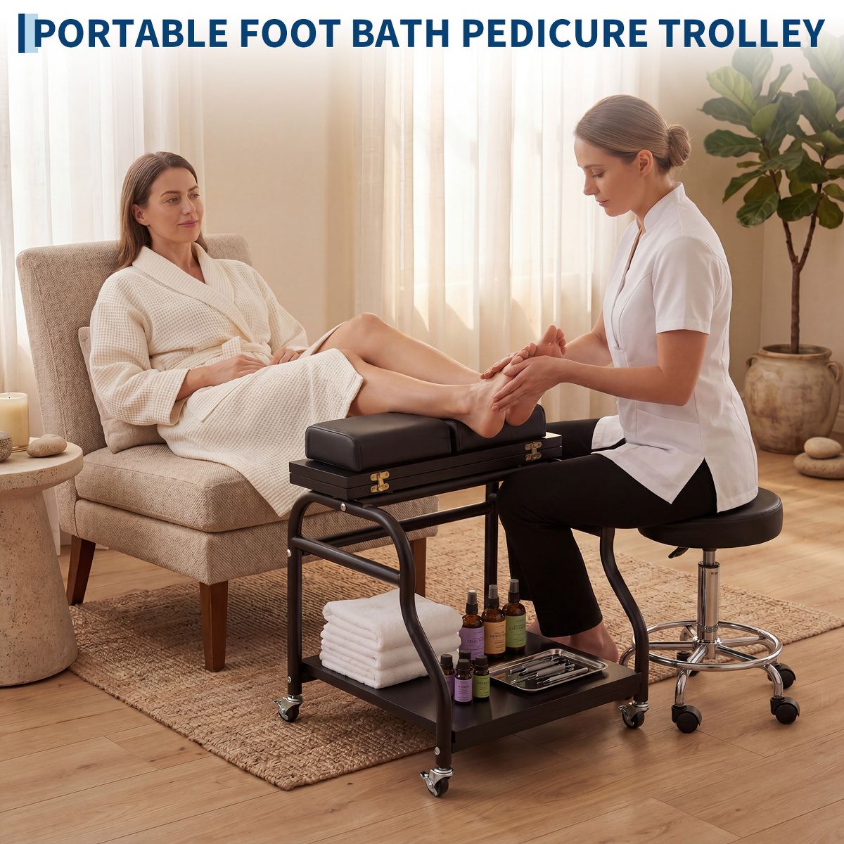 Pedicure Cart with Wheels & Leg Pads Salon Trolley, Rolling Foot Care Station with Rubber Casters & Foam Footrest for Spa & Home Use - thumbnail 2