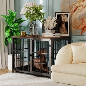 Artloge Heavy Duty Metal Pet Kennel Cage Durable Dog Crate Wooden Tabletop End Side Table with Removable Tray & 3 Lockable Doors for Dogs Furniture - 1 of 4