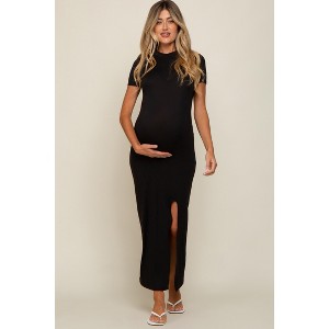 PinkBlush Black Mock Neck Front Slit Short Sleeve Maternity Maxi Dress - 1 of 4