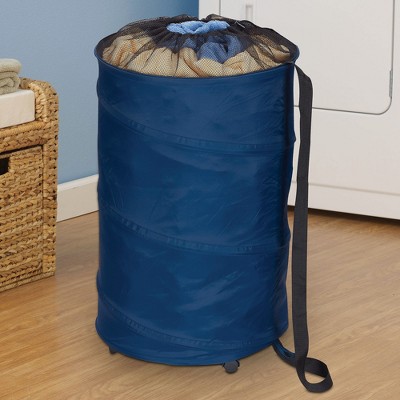 Blue Collapsible Upright Hamper with Wheels and Strap
