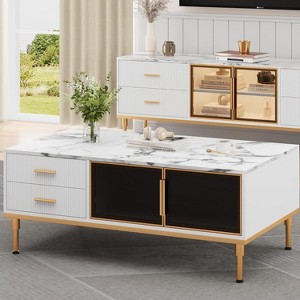 Homhougo Faux Marble Coffee Table, Rectangle Fluted Cocktail Table with 4 Drawers, 4 Glass Doors, Modern Wooden Center Table with Metal Legs - 1 of 4