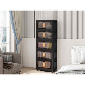 MAYEERTY 24" Side Wide 4 Tiers Plastic Folding Storage Cabinet with Magnetic Door Wheels for Living Room Black - 1 of 4