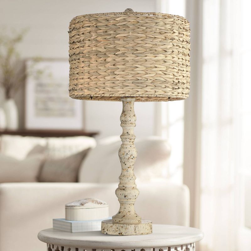John Timberland Jackson Country Cottage Table Lamp 27 1/2" Tall Distressed Antique White Candlestick Rattan Drum Shade for Bedroom Living Room Bedside, 2 of 9