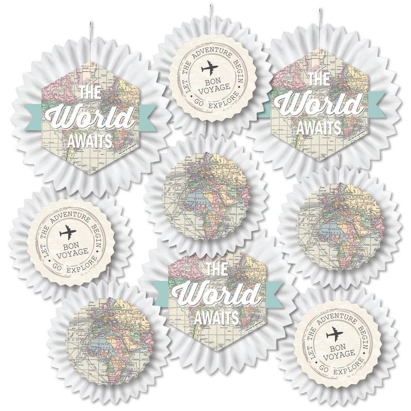 Big Dot of Happiness World Awaits - Hanging Travel Themed Party Tissue Decoration Kit - Paper Fans - Set of 9, 2 of 9