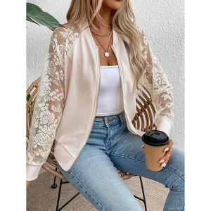 Women's Lightweight Jacket Contrast Lace Zip Up Bomber Tops Raglan Long Sleeve Fall Outerwear beige 1XL - 1 of 4