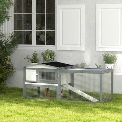 LOVMOR Large Rabbit Hutch Outdoor, 2-Tier 61" L Rabbit Cage with Run Feeding Trough Wooden Guinea Pig Hutch