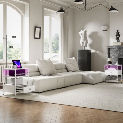 White Particleboard End Tables with Charging Stations and LED Lights