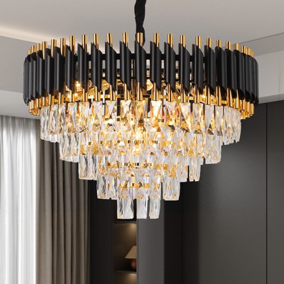 Modern Crystal Chandeliers 3-5 Tiers Black and Gold Pendant Light Fixtures, Black Modern Chandeliers for Living Room Dining Room Bedroom