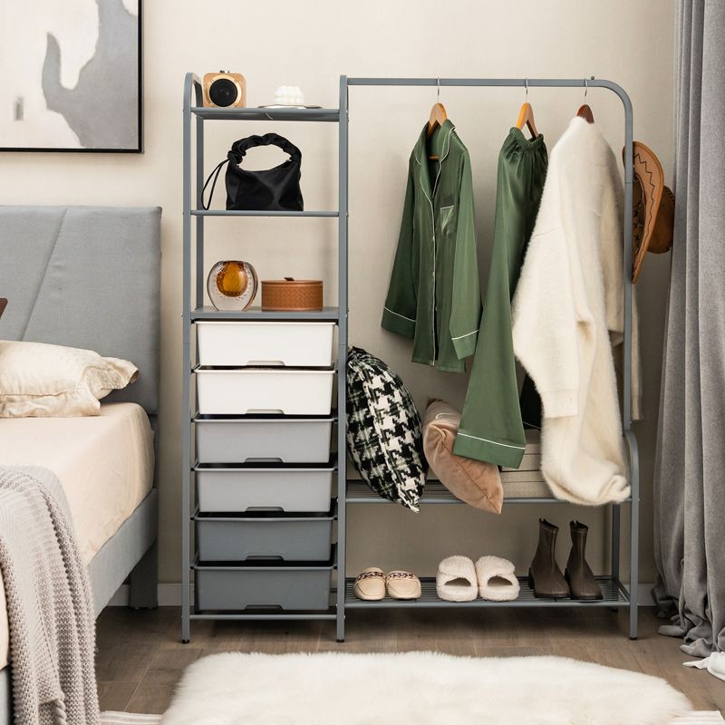 Heavy Duty Clothes Rack with 6 Removable Drawers 3-Tier Open Shelves & 2-Tier Metal Shoe Rack Side Hook Adjustable Feet, 3 of 11