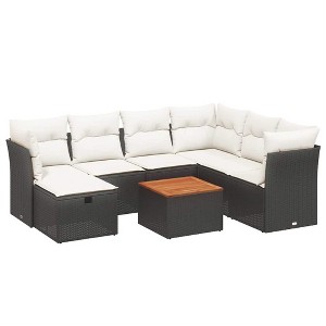 vidaXL 8 Piece Patio Sofa Set with Cushions Black Poly Rattan - Black and Cream 3x Middle 3x Corner Footrest Table - 1 of 4