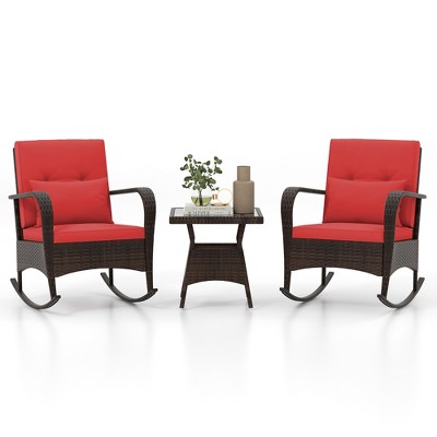 Tangkula 3 Piece Outdoor Rocking Set Rattan Rocker Chairs w/ Tempered Glass Coffee Table Red