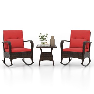 Tangkula 3 Piece Outdoor Rocking Set Rattan Rocker Chairs w/ Tempered Glass Coffee Table Red - 1 of 4