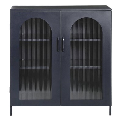 Solstice 40" Black Metal Accent Cabinet with Striated Glass Doors