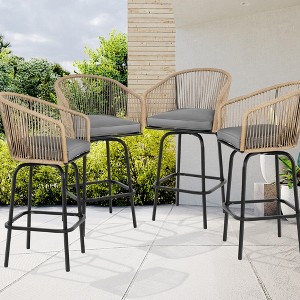 HOMEFUN Outdoor Bar Stools Set of 4,Patio Bar Stools with Armrests, All Weather Rattan Bar Chairs with Backrest,Gray - 1 of 4