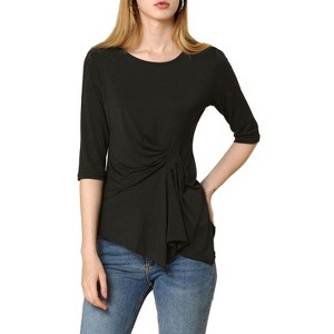 INSPIRE CHIC Women's Casual Asymmetrical Hem Ruched 3/4 Sleeves Round Neck Blouse Top - 1 of 4