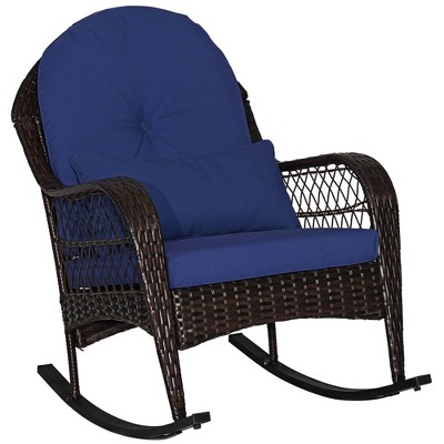 Costway Patio Wicker Rocking Chair W/Seat Back Cushions & Lumbar Pillow Porch Off White/Orange/Gray/Black/Blue