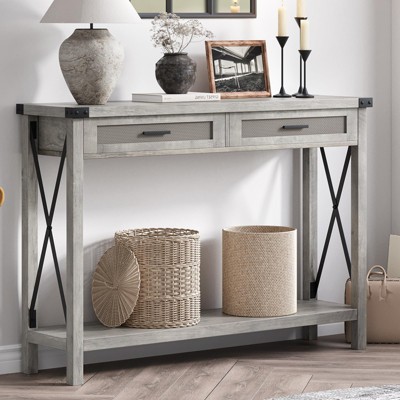 Entryway Table, 43'' Console Table with Rattan Drawers - Sofa Table with Storage Shelves for Living Room, Hallway