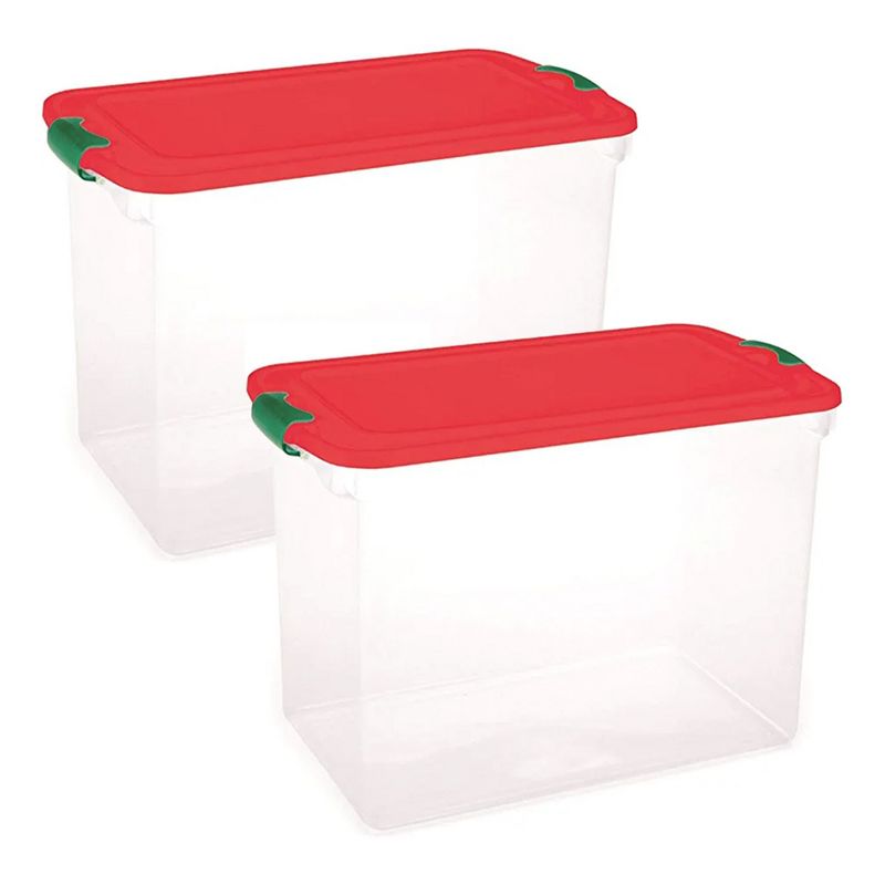 Homz 112 Quart Stackable Durable Plastic Clear Base Holiday Storage Container Tote Box with Latching Carry Handles and Dividers, Clear (2 Pack), 2 of 7