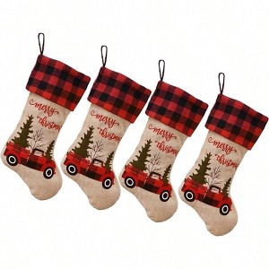 4PCS Burlap Stockings Xmas Fireplace Hanging Stockings Buffalo Plaid Classic Family Holiday Party Decor 4 Plaid Style - 1 of 4