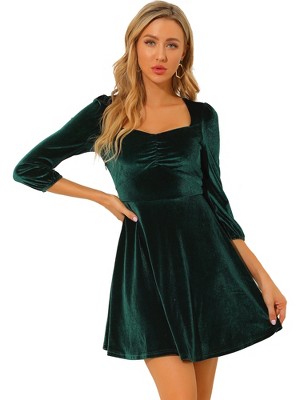 Allegra K Women's Vintage Sweetheart Neck 3/4 Sleeve Mini Velvet Dress  Green X-Large