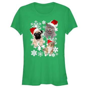 Juniors Womens Lost Gods Christmas Cat and Dog Snowflake Adventure T-Shirt