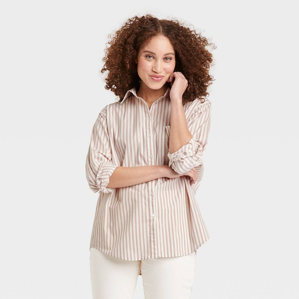 Women's Long Sleeve Oversized Button-Down Boyfriend Shirt - A New Day Cream Striped XS, Ivory Striped