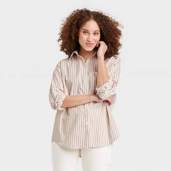 Women's Long Sleeve Oversized Button-Down Boyfriend Shirt - A New Day™ Cream Striped XXL