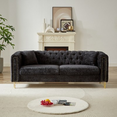 82'' Chenille Chesterfield Tufted 3-Seater Sofa with Copper Nailhead Trim, Metal Legs and Pull Buckle Design