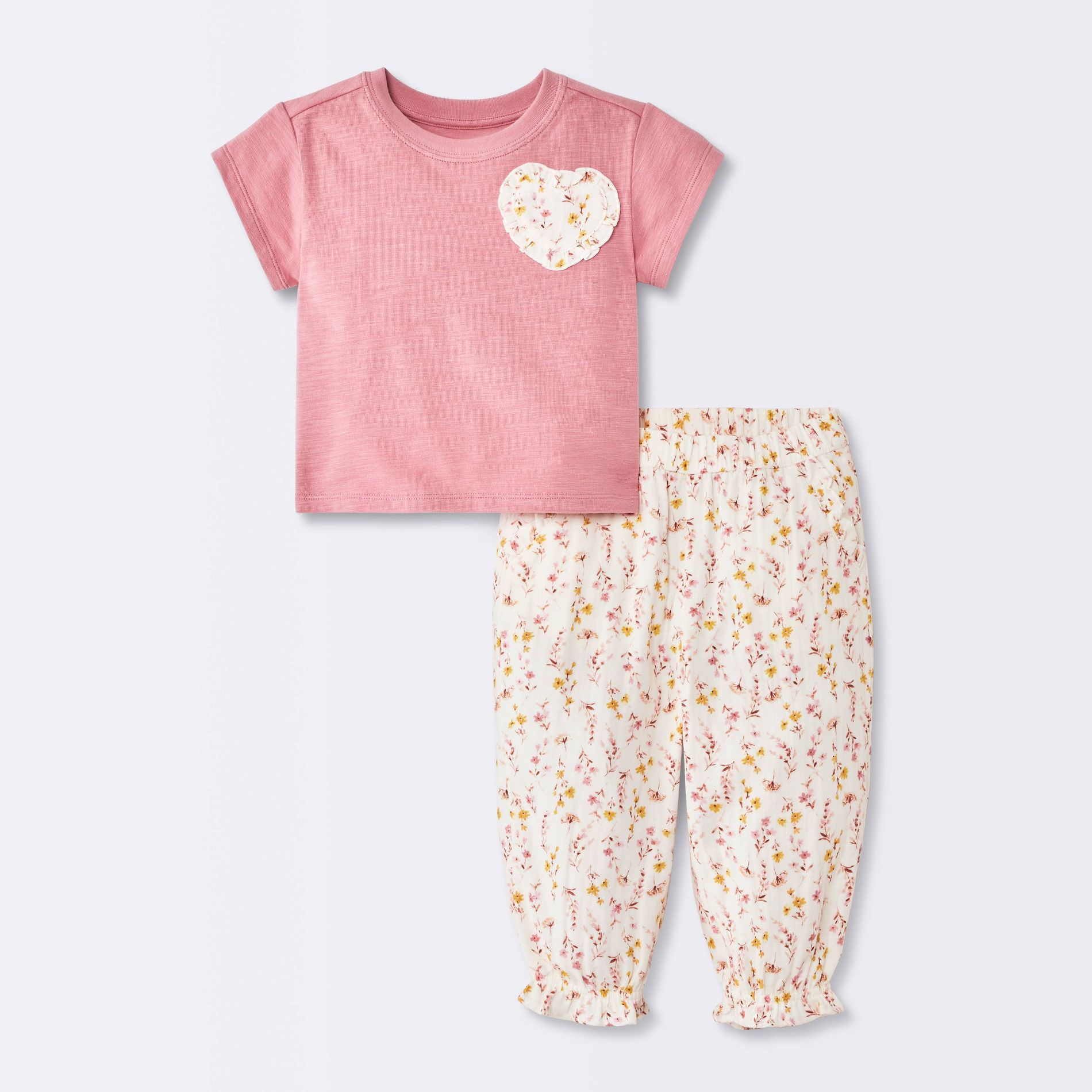 Baby Girls' Heart Pocket Short Sleeve and Floral Joggers Set - Cloud Island™ Pink