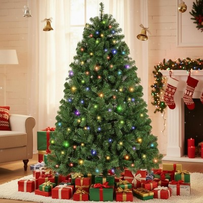 KRISRATE 6FT Pre-Lit Artificial Christmas Tree Full Tree with 1455 PVC Branch Tips, 250 Multicolored Lights/Warm White Lights,8 Light Sequences,Green