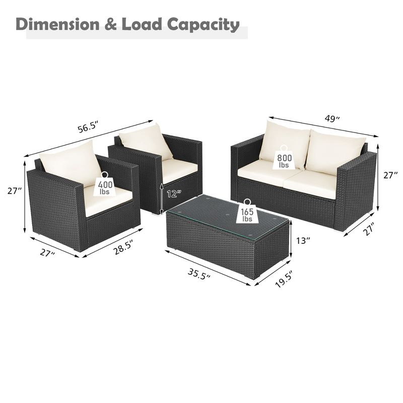 Costway 4PCS Patio Rattan Furniture Set Cushioned Sofa Chair Coffee Table Off White, 3 of 10