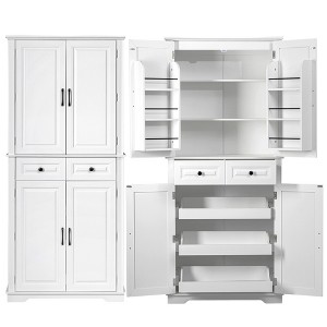 Gulches 71 Tall Farmhouse Kitchen Pantry Cabinet Embossed Texture 3 Pull Out Organizers 6 Door Shelves 2 Drawers MDF Freestanding Storage White - 1 of 4