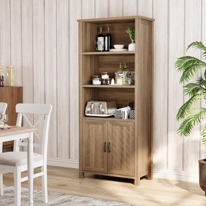 Jojoka 5-Tier 70" Tall Farmhouse Bookshelf with Doors, Adjustable Shelf and Stable Legs – Walnut Storage Cabinet for Living Room, Bedroom - 1 of 4