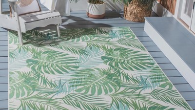 Green and Teal Tropical Palm Leaves Indoor/Outdoor Area Rug