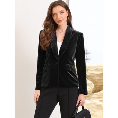 INSPIRE CHIC Women's Velvet Shawl Collared Long Sleeve Button Down with Pockets Business Blazer Small Black — фото 4