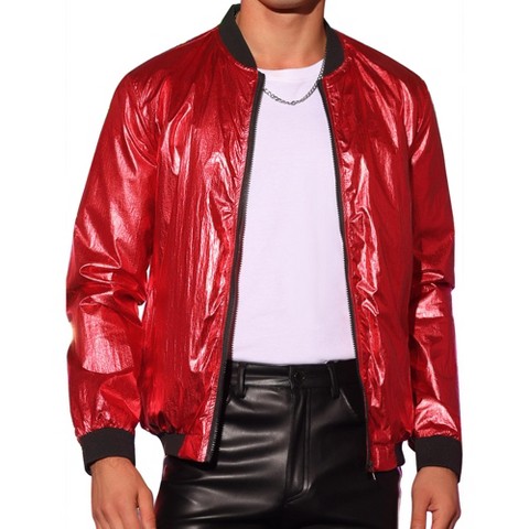 Lars Amadeus Men's Zipper Up Party Shiny Bomber Varsity Jackets Red X Large
